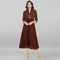 thumbnail image 1 of Janasya Indian V-Neck 3/4 Sleeve Gold Print Brown Poly Crepe Kurta For Women, 1 of 8