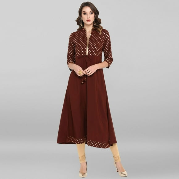 Janasya Indian V-Neck 3/4 Sleeve Gold Print Brown Poly Crepe Kurta For Women