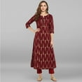thumbnail image 1 of Janasya Indian V-Neck 3/4 Sleeve Gold Print Maroon Cotton Kurta For Women, 1 of 8