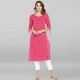 thumbnail image 1 of Janasya Indian V-Neck 3/4 Sleeve Woven Design Pink Cotton Kurta For Women, 1 of 8