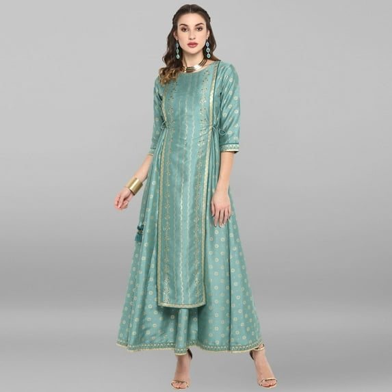 Janasya Indian V-Neck Half Sleeve Printed Light Green Poly Silk Ethnic Dress For Women