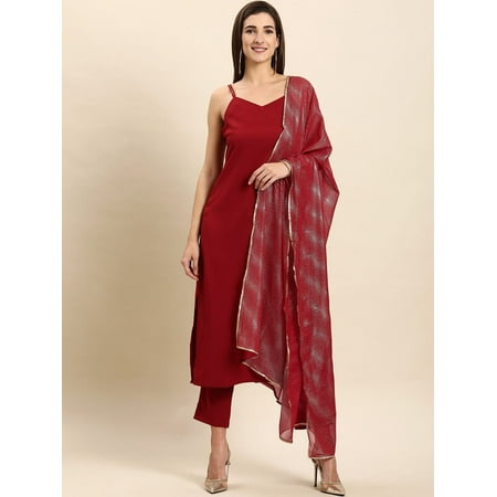 Janasya Indian V-Neck Shoulder Straps Solid Maroon Poly Crepe Kurta With Pant And Dupatta For Women