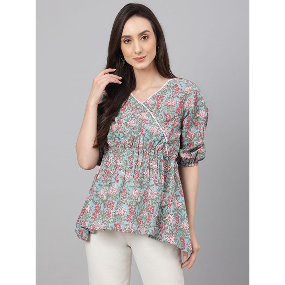 Janasya Indian Women's Aqua Blue Cotton Floral Print Peplum Top