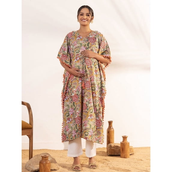 Janasya Indian Women's Beige Cotton Printed Kaftan Maternity Kurta