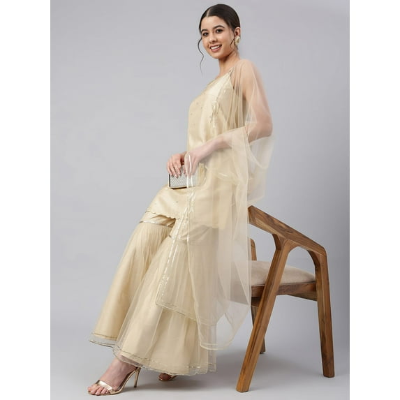 Janasya Indian Women's Beige Poly Silk Embellished Kurta with Gharara and Dupatta