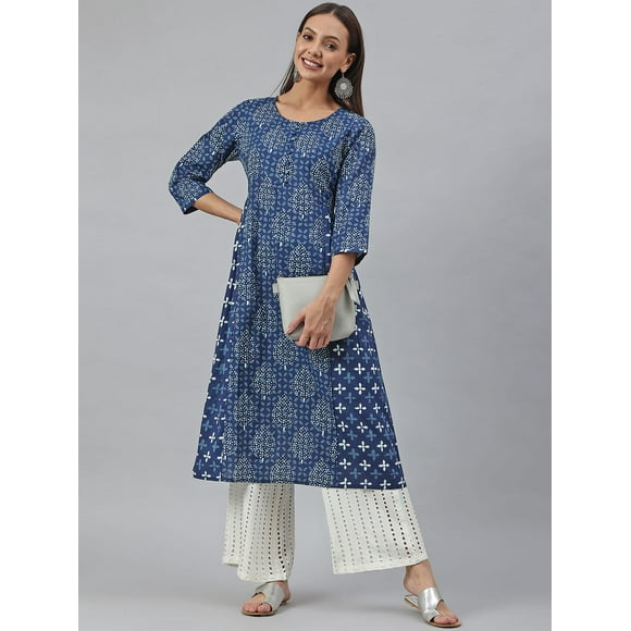 Janasya Indian Women's Blue Cotton Block Print Flared 3/4 Sleeve Round Neck Kurta