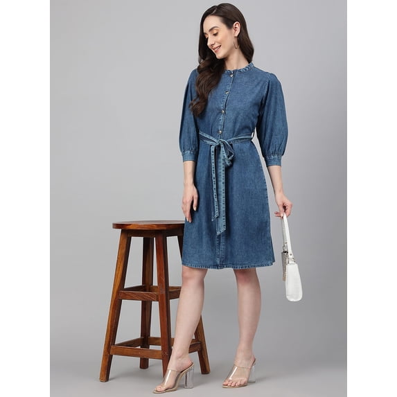 Janasya Indian Women's Blue Denim Solid Straight Western Dress