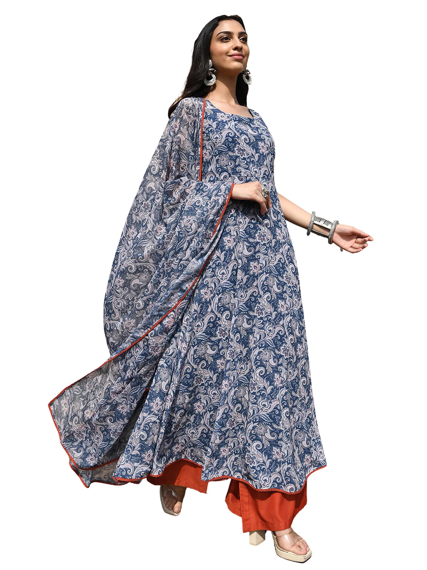 Women Georgette Blue Ornamental Print Kurta Comfort Pant Dupatta