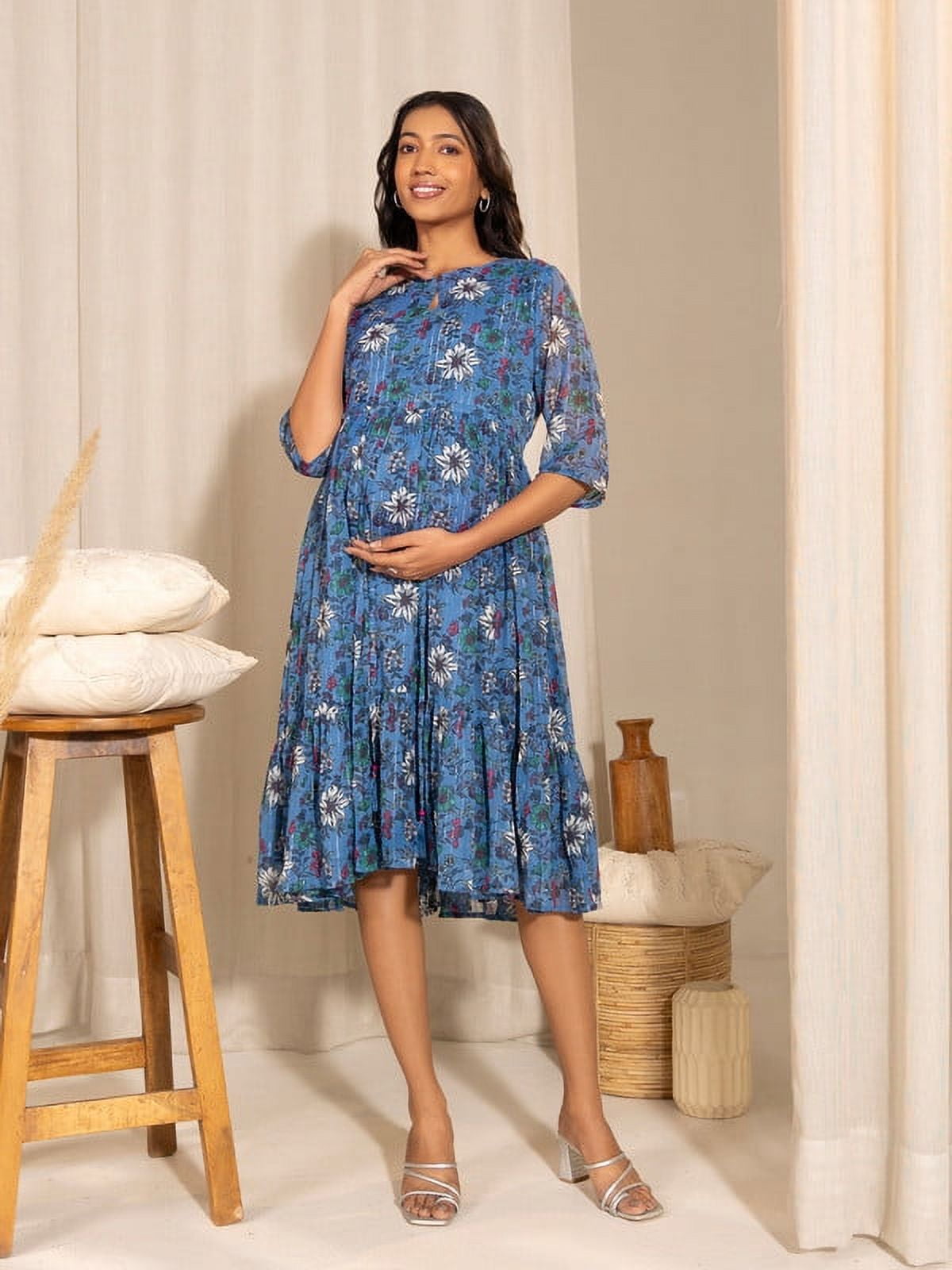 Women Blue Floral Printed Flared Maternity Dress With Dupatta