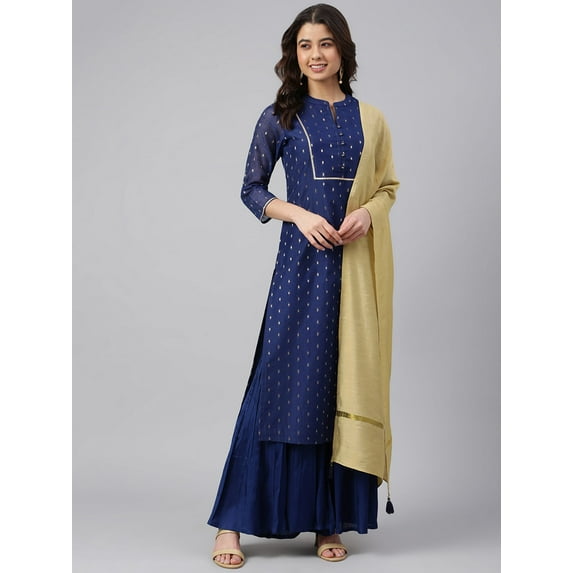 Janasya Indian Women's Dark Blue Chanderi Silk Woven Kurta with Sharara and Dupatta