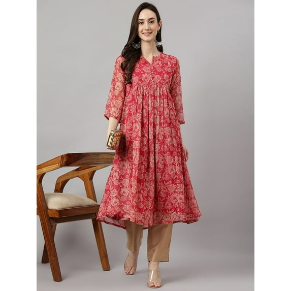 Janasya Indian Women's Dark Pink Chiffon Lurex Floral Printed flared Kurta