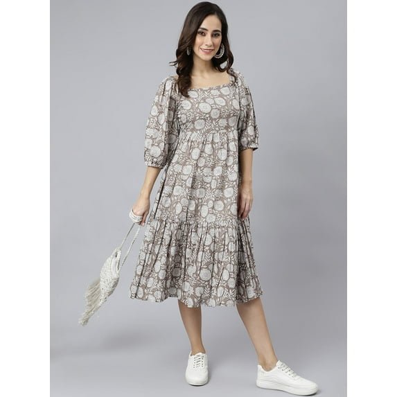 Janasya Indian Women's Grey Cotton Floral Print Flared Western Dress