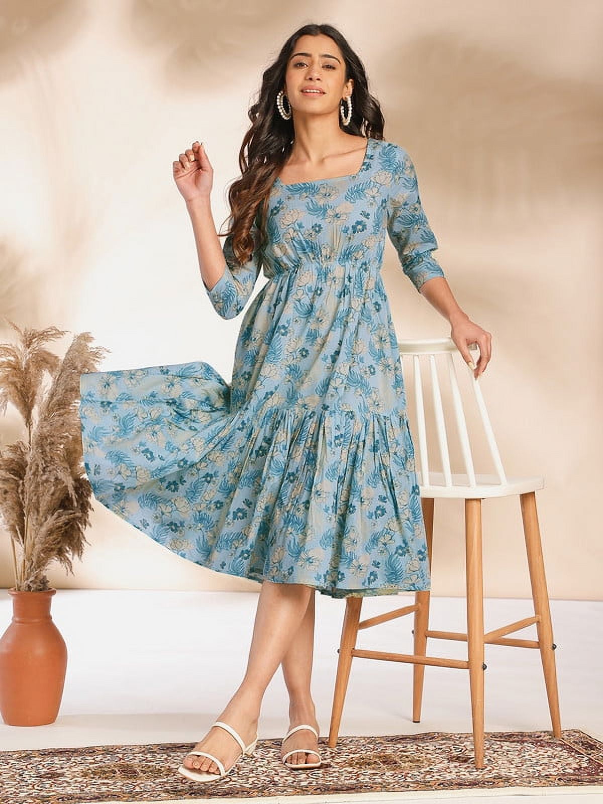 Janasya Indian Women's Light Blue Cotton Floral Fit & Flare Dress - Walmart  Business Supplies