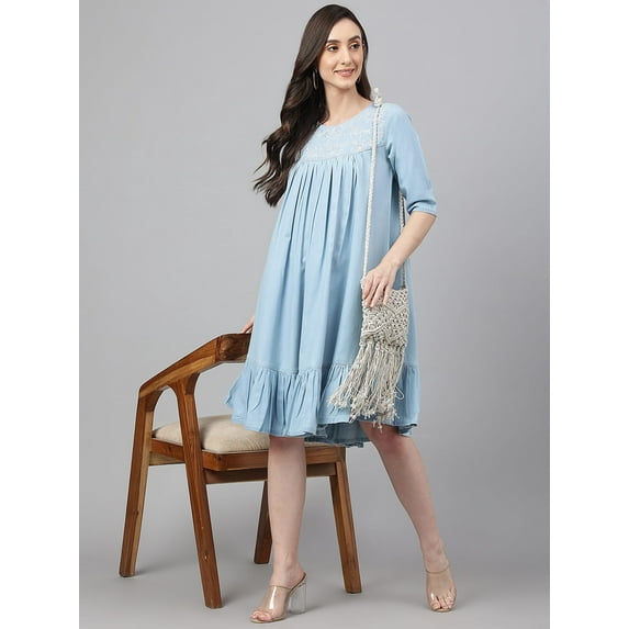 Janasya Indian Women's Light Blue Denim Solid Flared Western Dress