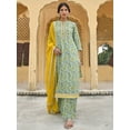 thumbnail image 1 of Janasya Indian Women's Light Green Cotton Floral Print Kurta with Flared Palazzo and Dupatta, 1 of 7