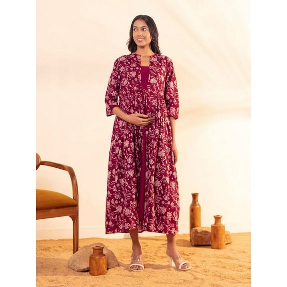 Janasya Indian Women's Maroon Cotton Floral Front Tie-Up Maternity Dress