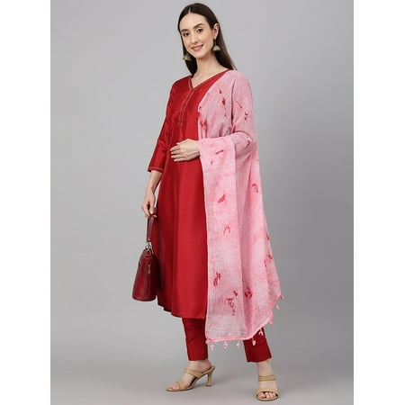 Janasya Indian Women's Maroon Crepe Silk Solid Kurta with Pant and Dupatta