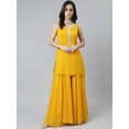 thumbnail image 1 of Janasya Indian Women's Mustard Georgette Solid Kurta with Kali Palazzo and Dupatta, 1 of 10
