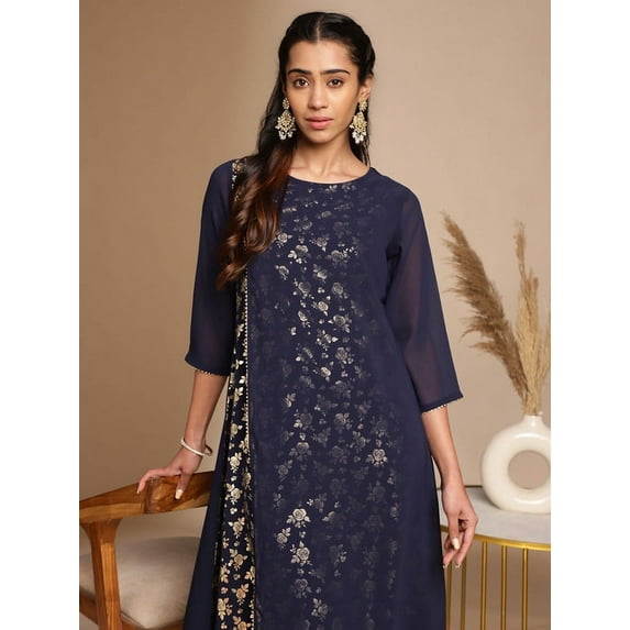 Janasya Indian Women's Navy Blue American Crepe Foil A-Line Kurta