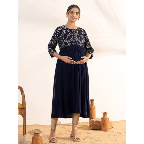 Janasya Indian Women's Navy Blue Georgette Yoke Foil Printed A Line Maternity Kurta