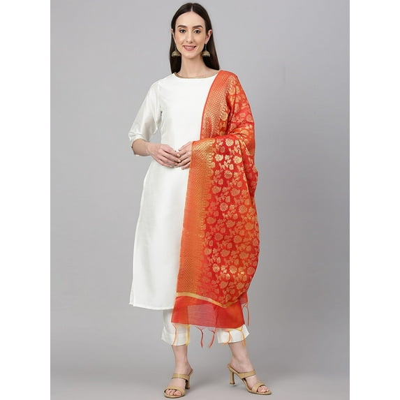Janasya Indian Women's Off White Crepe Silk Solid Kurta with Pant and Dupatta