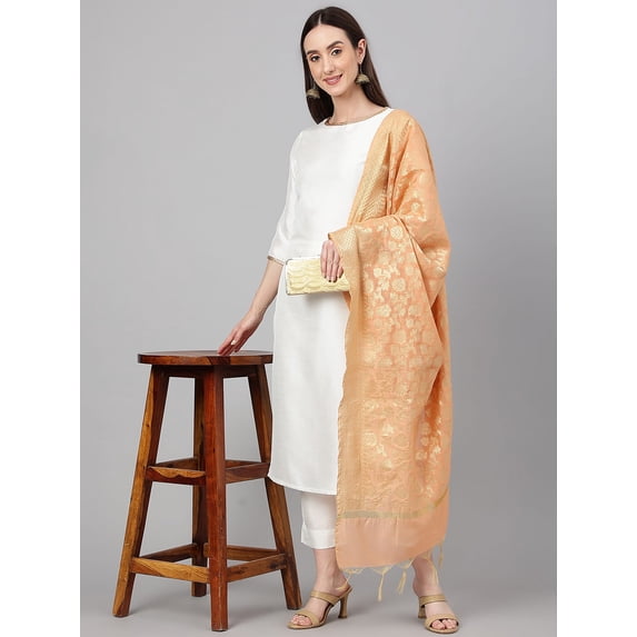 Janasya Indian Women's Off White Crepe Silk Solid Kurta with Pant and Dupatta