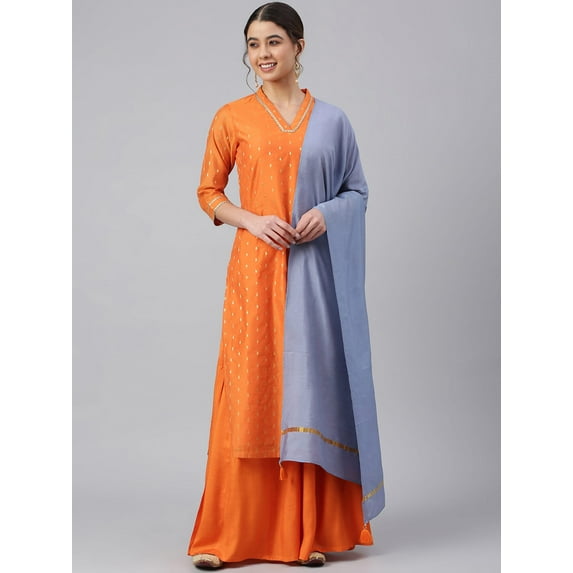 Janasya Indian Women's Orange Chanderi Silk Woven Kurta with Palazzo and Dupatta