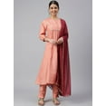 thumbnail image 1 of Janasya Indian Women's Peach Poly Silk Solid Kurta with Pant and Dupatta, 1 of 9