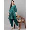 thumbnail image 1 of Janasya Indian Women's Peacock Green Crepe Foil Print Kurta with Dhoti Pant, 1 of 9
