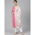 thumbnail image 1 of Janasya Indian Women's Pink Cotton Block Print Kurta with Pant and Dupatta, 1 of 10