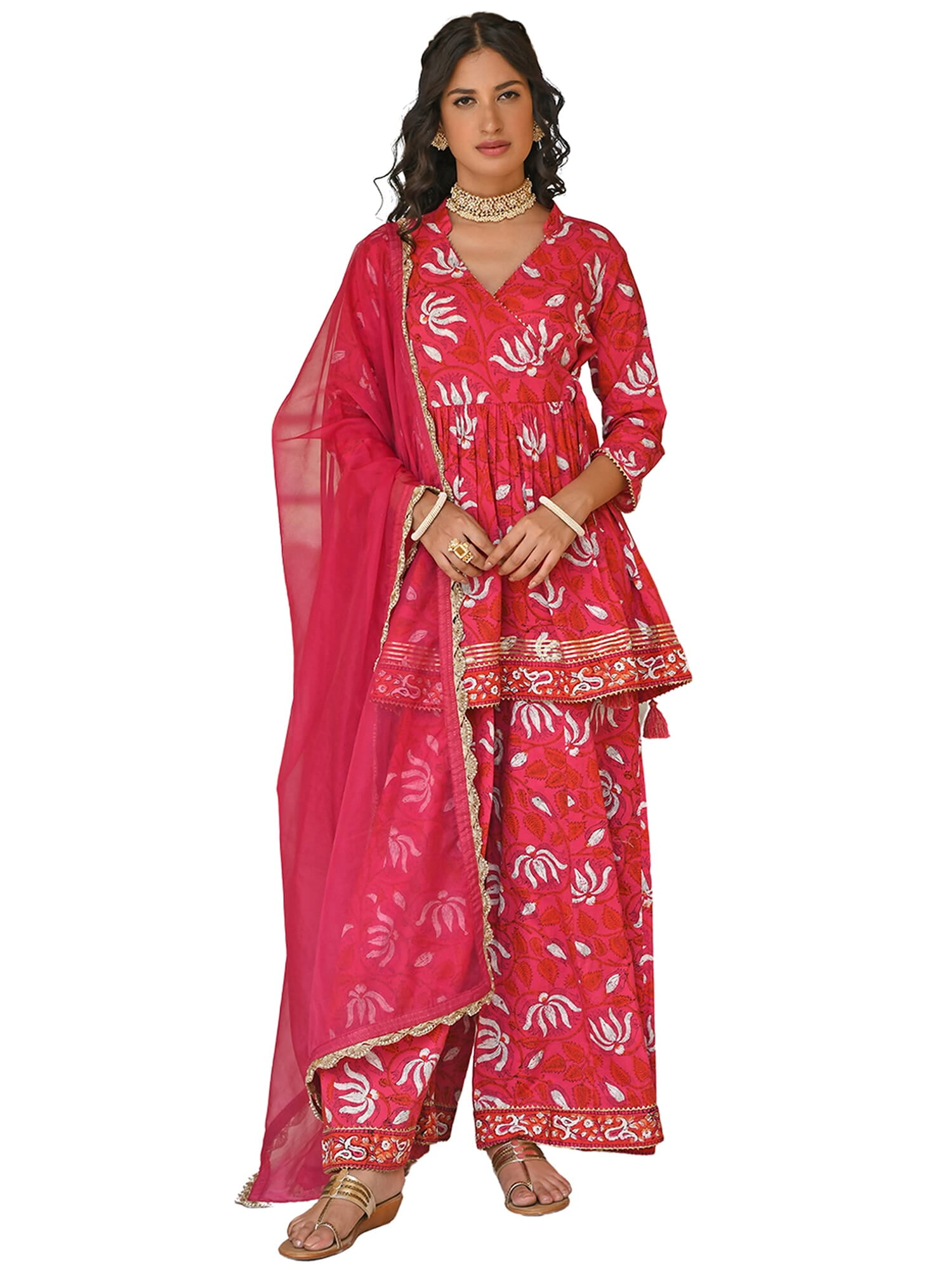 Janasya Indische Kurta Set - Leichte Baumwolle Mit Hose & Dupatta In Pink