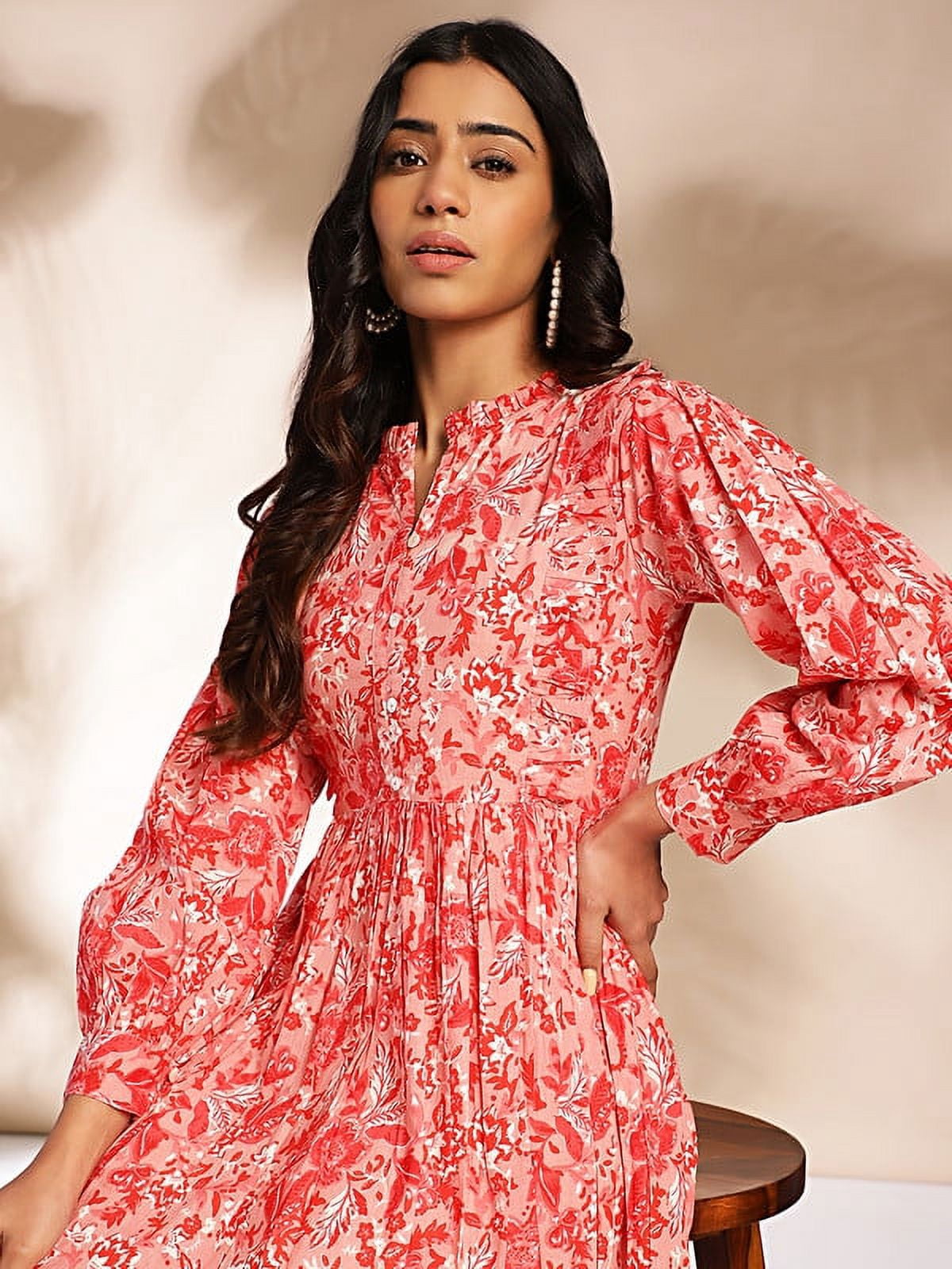 Janasya Indian Women's Pink Cotton Floral Fit & Flare Dress - Walmart.com