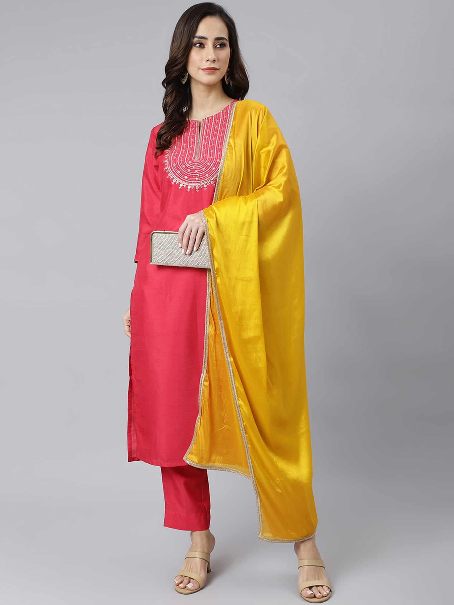 Women Rayon Pink Kurta Comfort Pant Dupatta