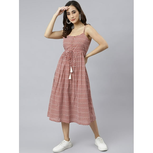 Janasya Indian Women's Red Cotton Shapes Print Flared Western Dress