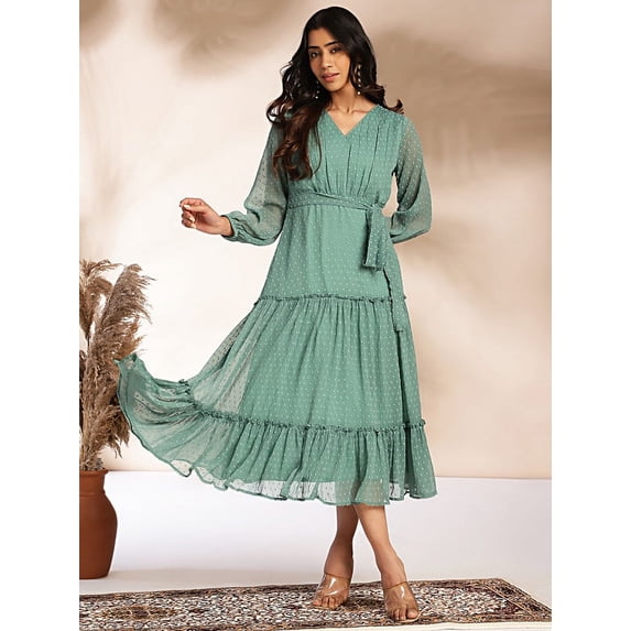 Janasya Indian Women's Sage Dobby Chiffon Solid Tiered Dress