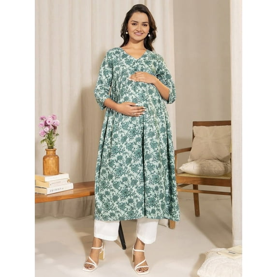 Janasya Indian Women's Sage Green Cotton Floral Printed A-Line Maternity Kurta