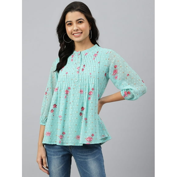 Janasya Indian Women's Sea Green Dobby Georgette Floral Print Flared Top