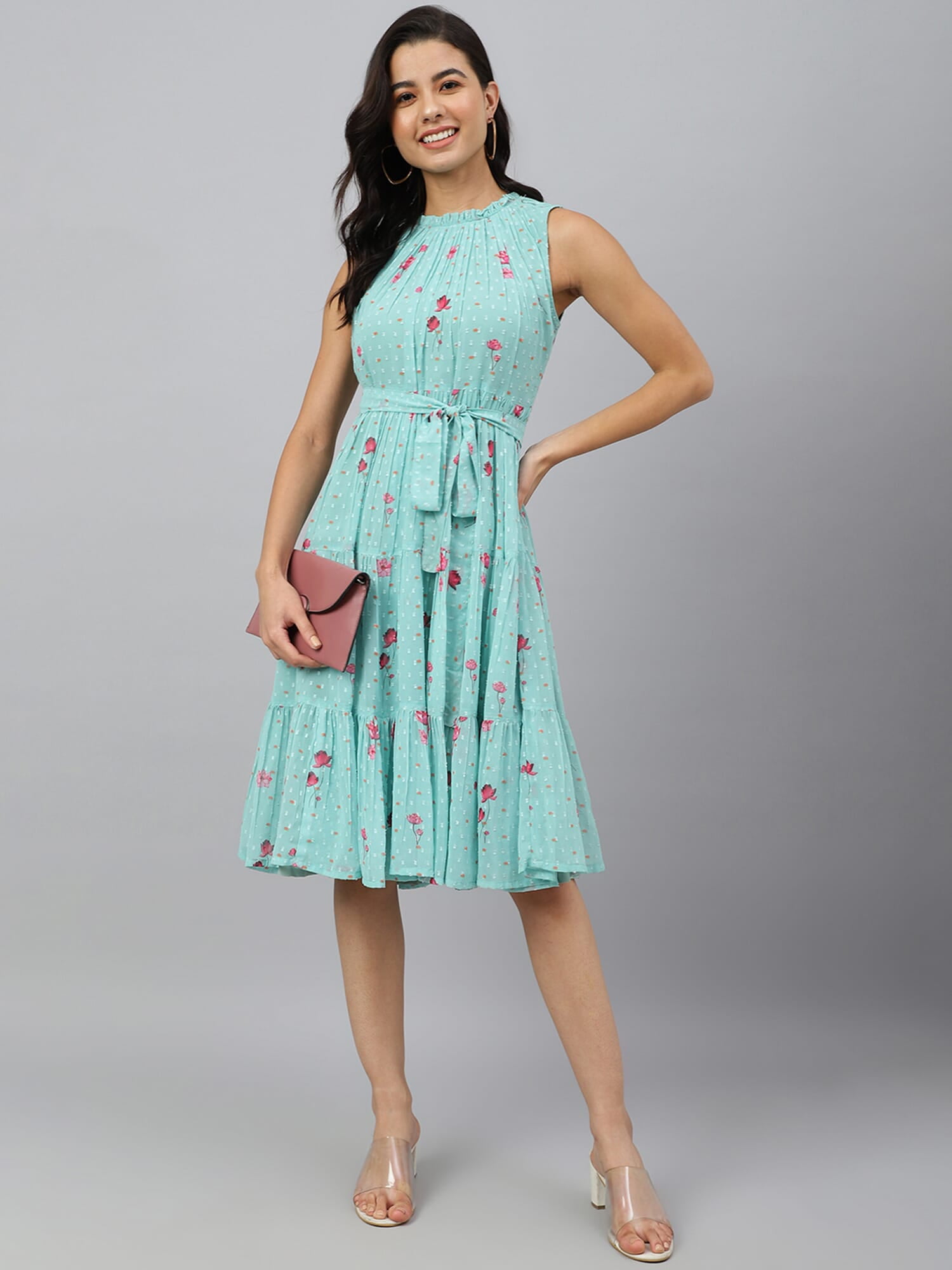 Janasya Indian Women's Sea Green Dobby Georgette Floral Tiered Western Dress  - Walmart Business Supplies