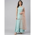 thumbnail image 1 of Janasya Indian Women's Sea Green Poly Silk Embroidered Kurta with Palazzo and Dupatta, 1 of 9