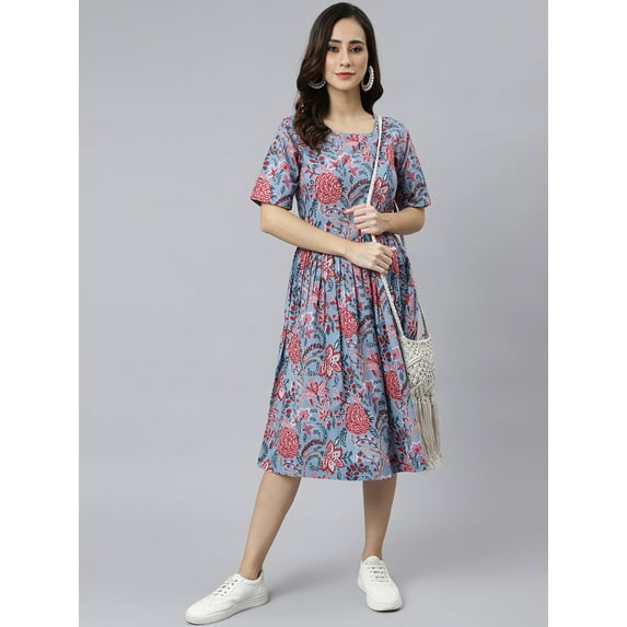 Janasya Indian Women's Sky Blue Cotton Floral Print Flared Western Dress