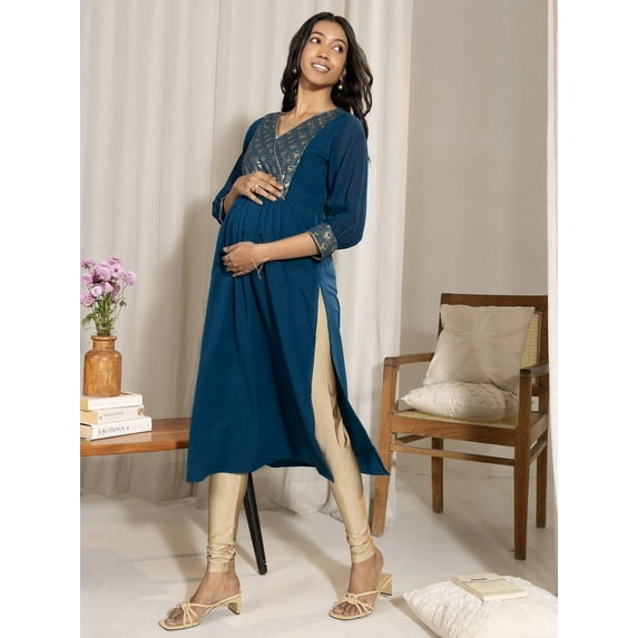 Janasya Indian Women's Teal Blue Crepe Yoke Foil Printed Straight Maternity Kurta