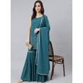 thumbnail image 1 of Janasya Indian Women's Teal Georgette Embossed Gold Print Top with Gharara and Dupatta, 1 of 10