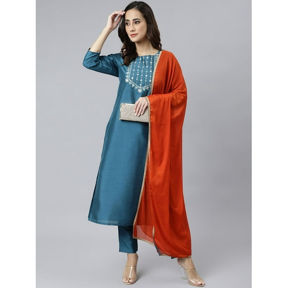 Janasya Indian Women's Teal Poly Silk Solid Kurta with Pant and Dupatta