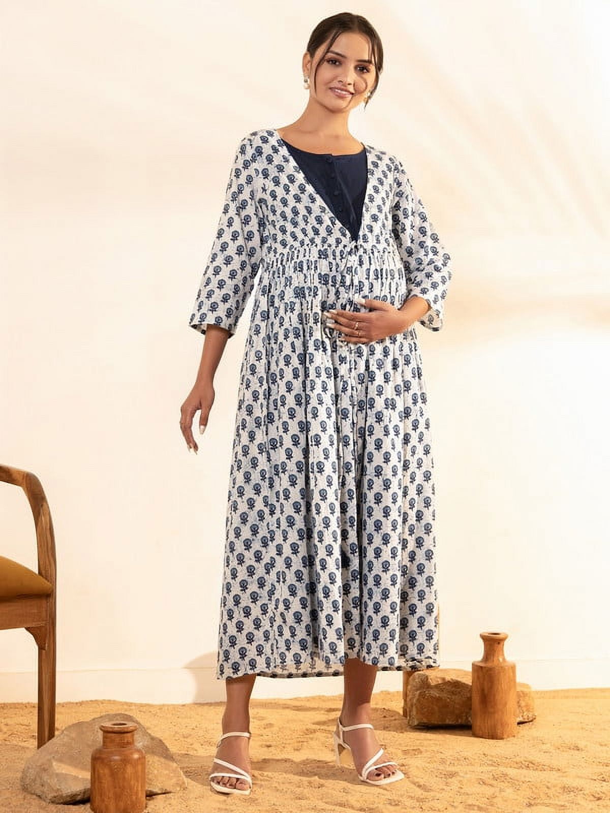 janasya cotton dress Janasya Women's Royal Blue Pure Cotton Floral Printed Fit & Flare Dres