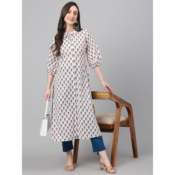 Janasya Indian Women's White Cotton Floral Print Straight Kurta