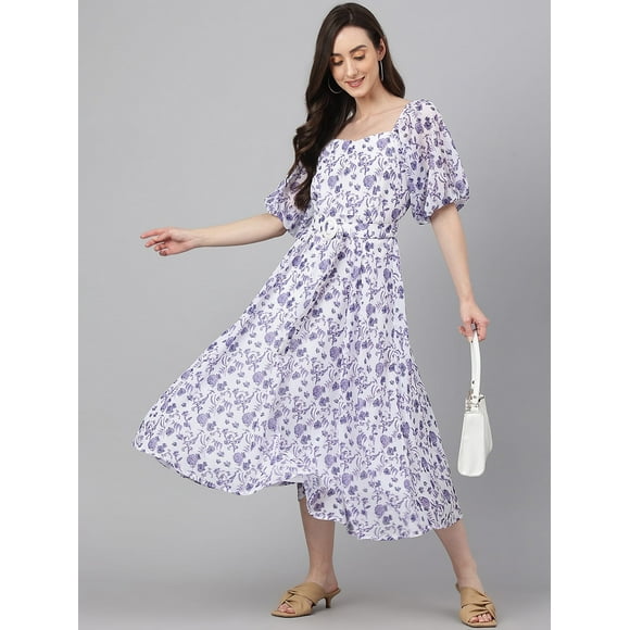 Janasya Indian Women's White Georgette Floral Print Flared Western Dress