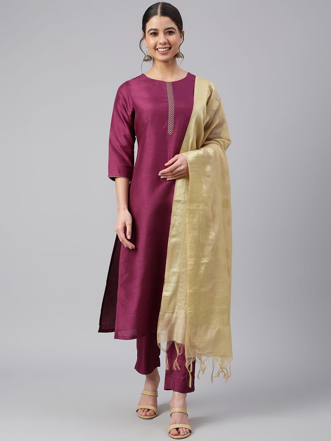Women Wine Rangoli Silk Kurta Set With Pant And Duppata Set