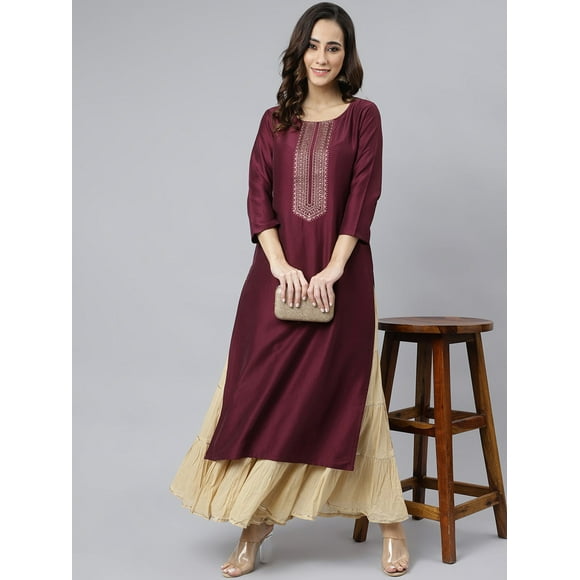 Janasya Indian Women's Wine Poly Silk Solid Straight Kurta