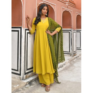 Janasya Vestito Donna Anarkali In Polysilk Oro | Collezione Premium | Lunghezza 132 Cm Manica 3/4