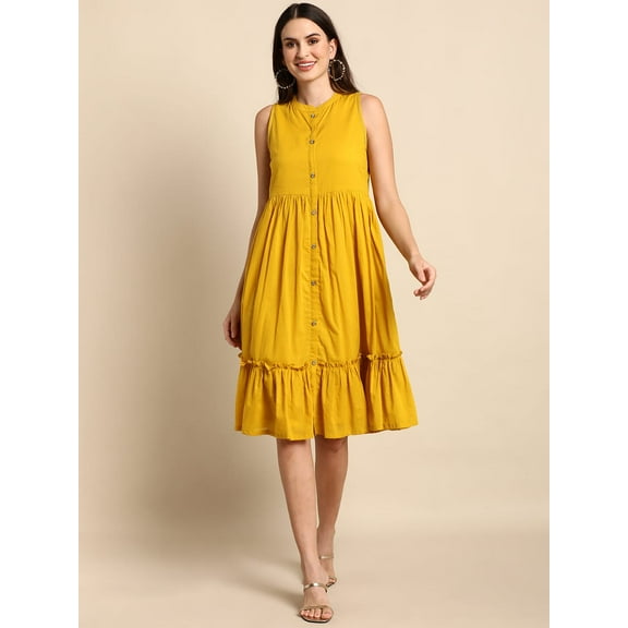 Janasya Keyhole Neck 3/4 Sleeve Floral Green Cotton Flex Ethnic Dress For Women,Summer Dress/Summer Wear